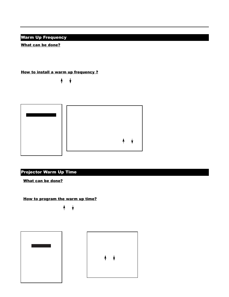Warm up frequency, Projector warm up time, Menu 2 | Runco DTV-1200 User Manual | Page 61 / 91