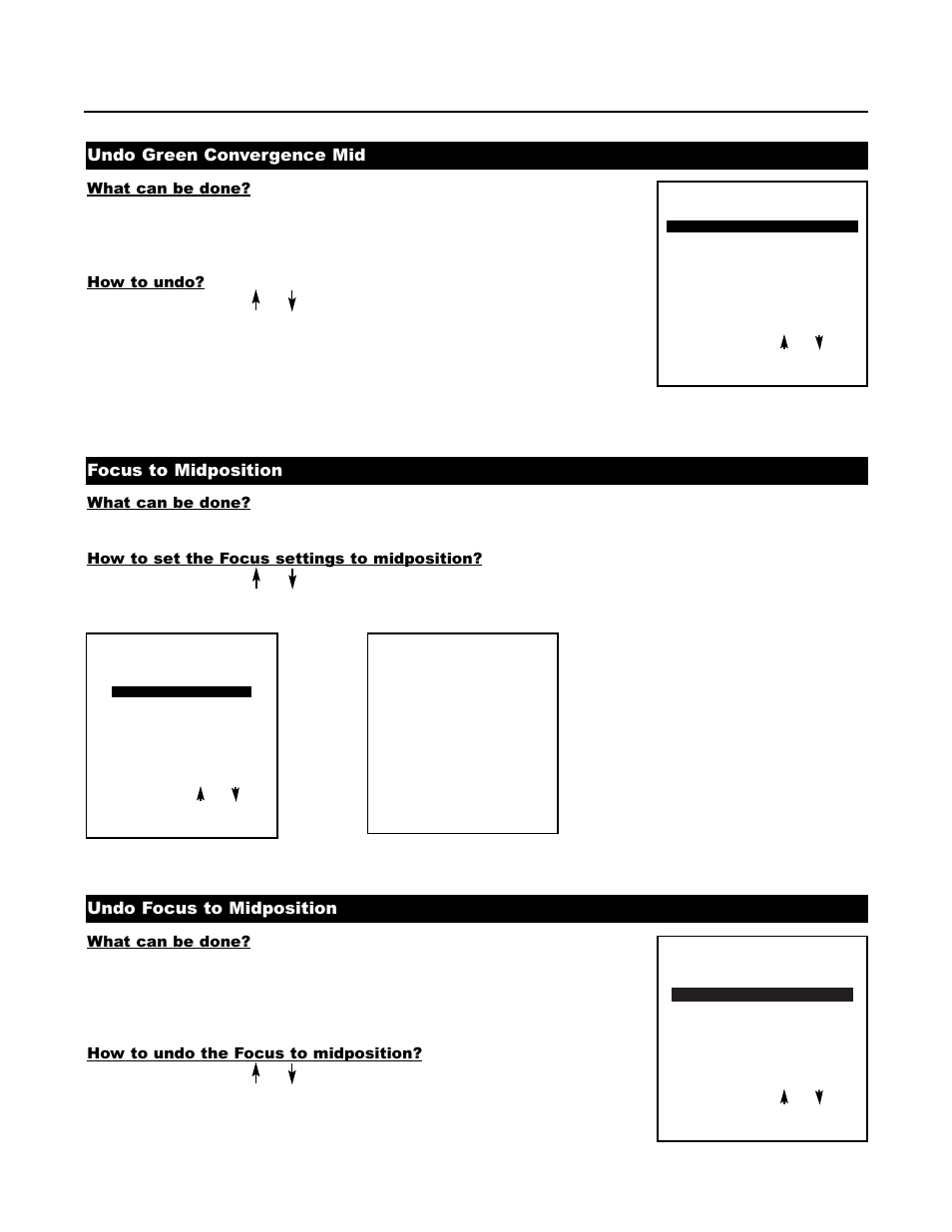 Undo green convergence mid, Focus to midposition, Undo focus to midposition | Runco DTV-1200 User Manual | Page 67 / 91