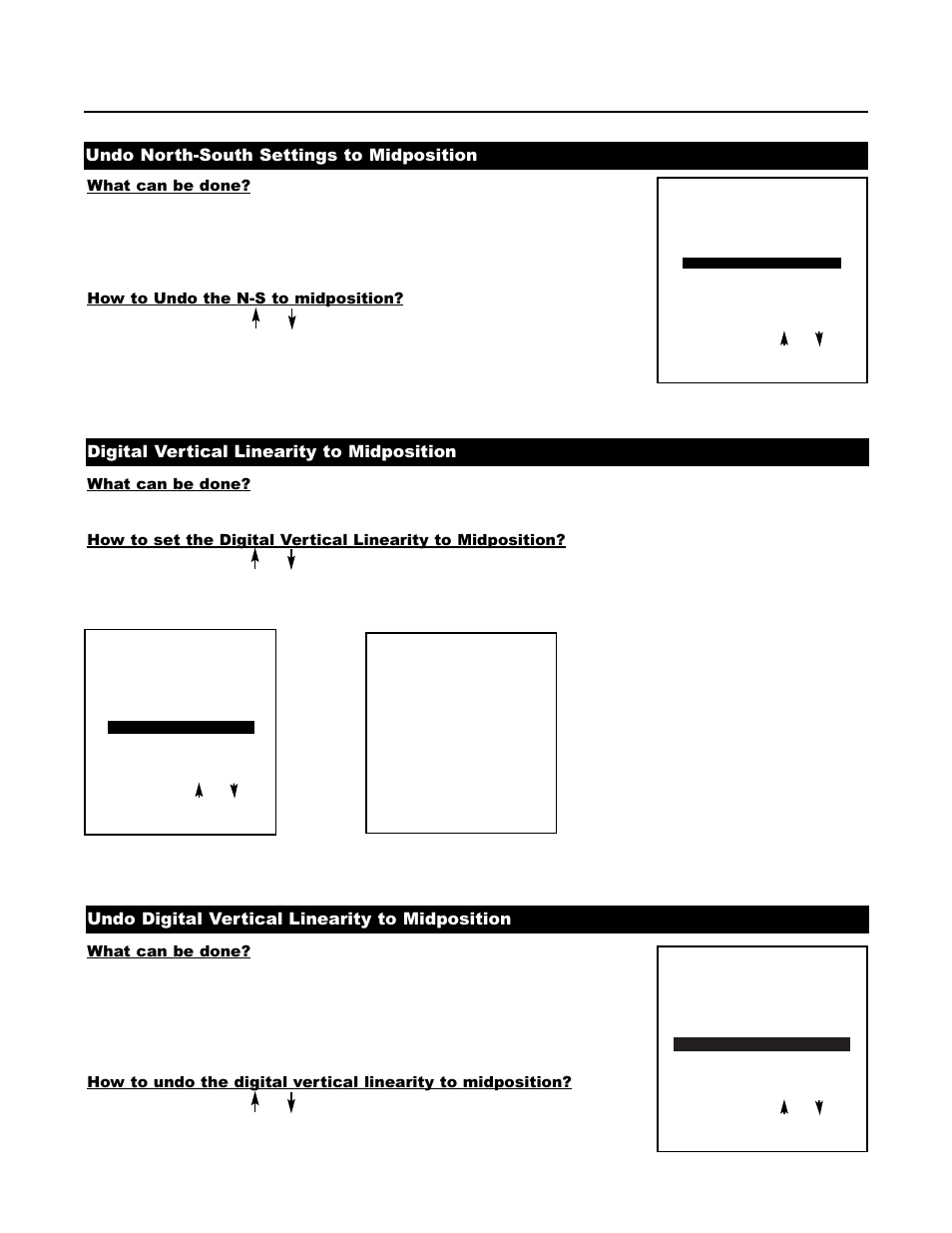 Undo north-south settings to midposition, Digital vertical linearity to midposition, Undo digital vertical linearity to midposition | Runco DTV-1200 User Manual | Page 69 / 91