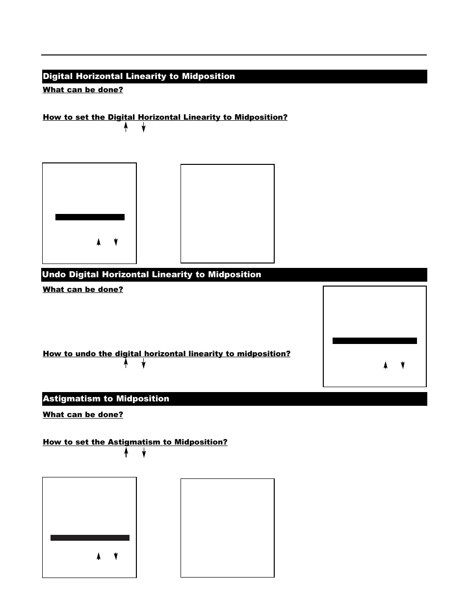 Digital horizontal linearity to midposition, Undo digital horizontal linearity to midposition, Astigmatism to midposition | Runco DTV-1200 User Manual | Page 70 / 91