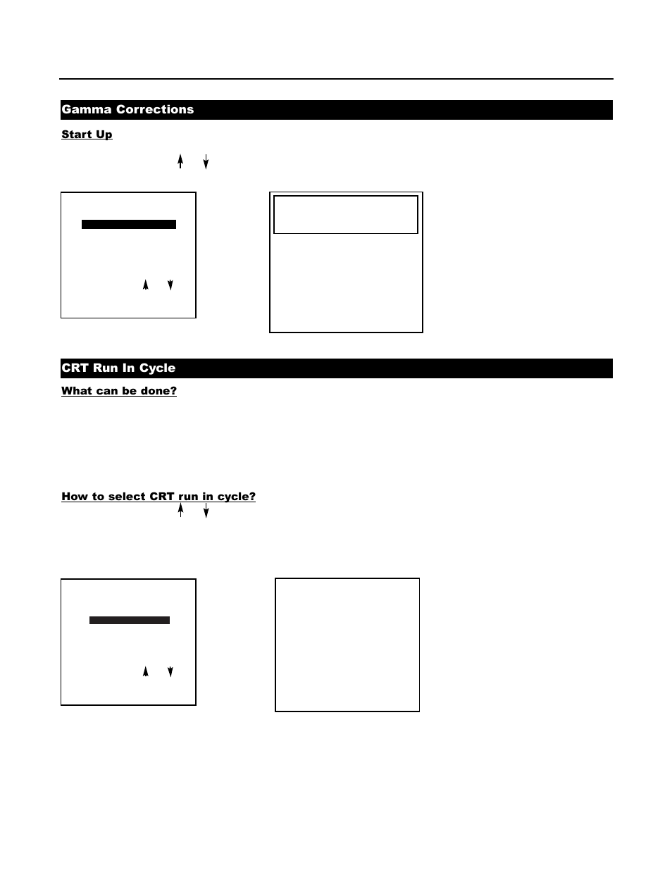 Gamma corrections, Crt run in cycle, Menu 1 | Menu 2 | Runco DTV-1200 User Manual | Page 74 / 91