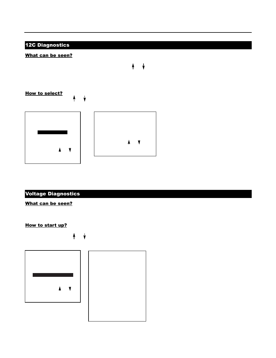 12c diagnostics, Voltage diagnostics, Menu 1 | Menu 2 | Runco DTV-1200 User Manual | Page 78 / 91
