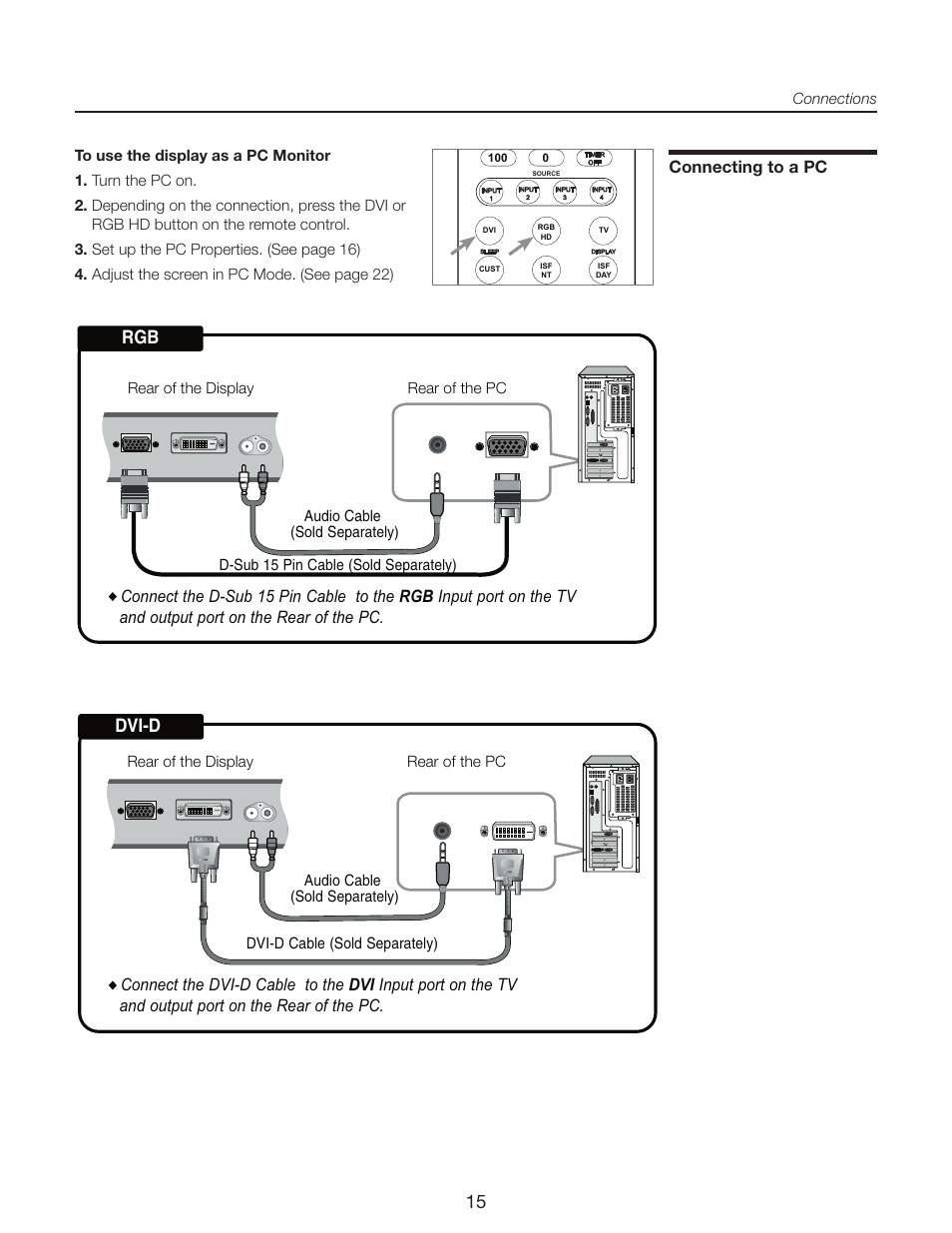 Rgb dvi-d, Connecting to a pc | Runco CR-32HD User Manual | Page 15 / 41