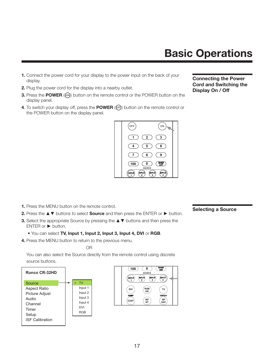 Basic operations, Selecting a source | Runco CR-32HD User Manual | Page 17 / 41