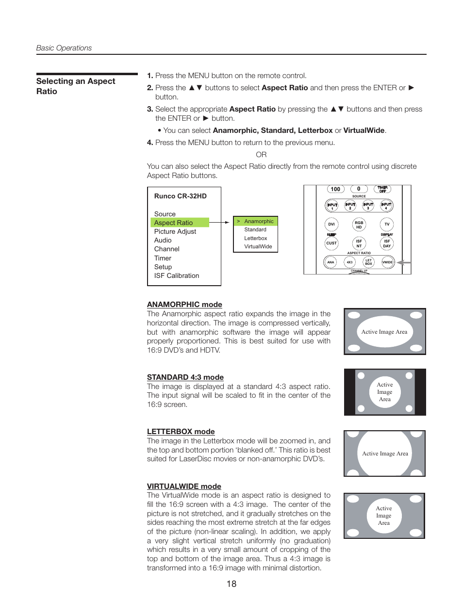 Selecting an aspect ratio | Runco CR-32HD User Manual | Page 18 / 41