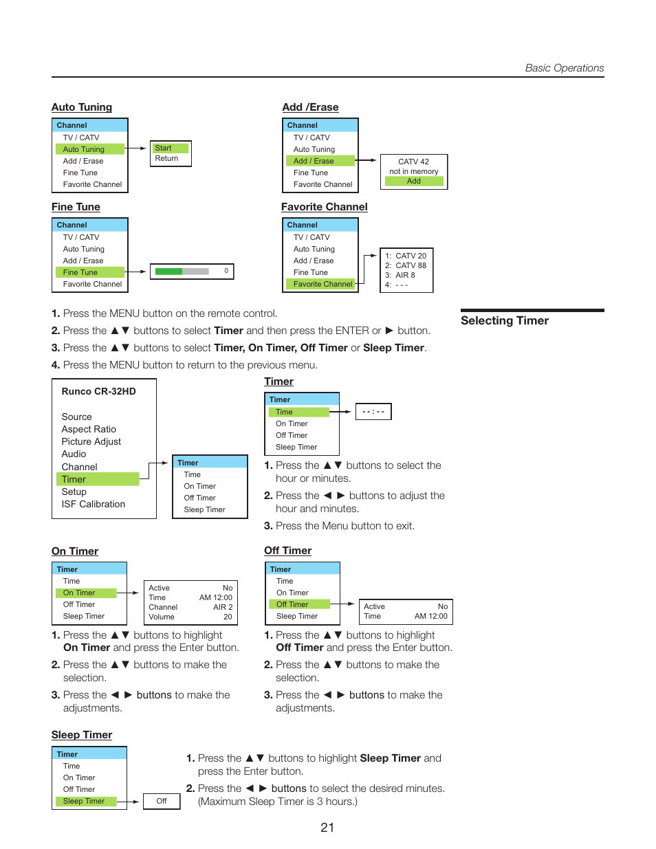 Selecting timer | Runco CR-32HD User Manual | Page 21 / 41