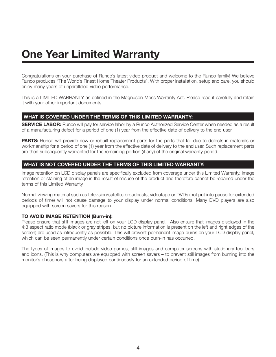 One year limited warranty | Runco CR-32HD User Manual | Page 4 / 41