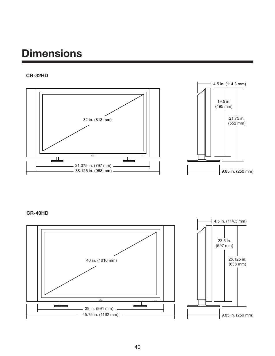 Dimensions | Runco CR-32HD User Manual | Page 40 / 41