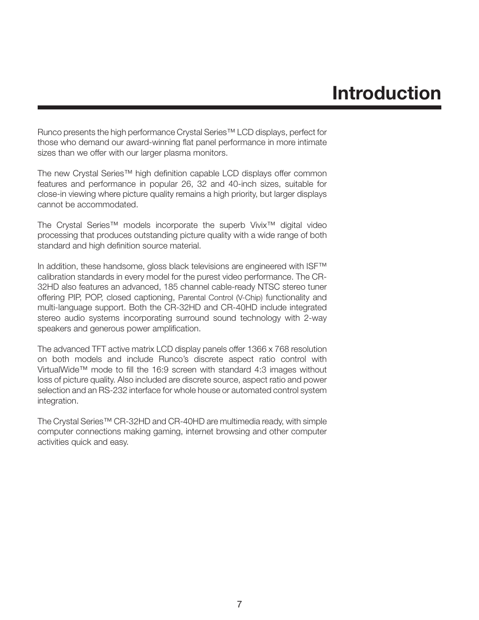 Introduction | Runco CR-32HD User Manual | Page 7 / 41