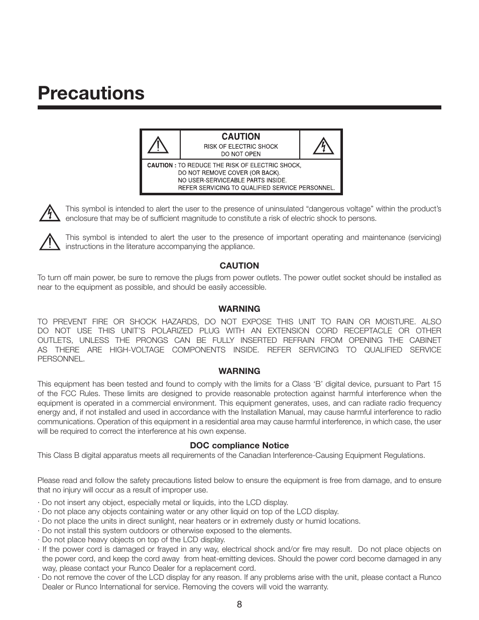 Precautions | Runco CR-32HD User Manual | Page 8 / 41