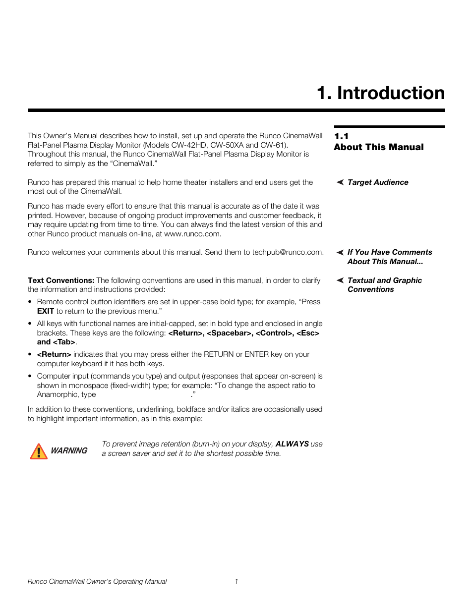 Introduction, 1 about this manual, Target audience | If you have comments about this manual, Textual and graphic conventions, Text conventions, About this manual, Pre l iminar y | Runco CW-42HD User Manual | Page 11 / 66