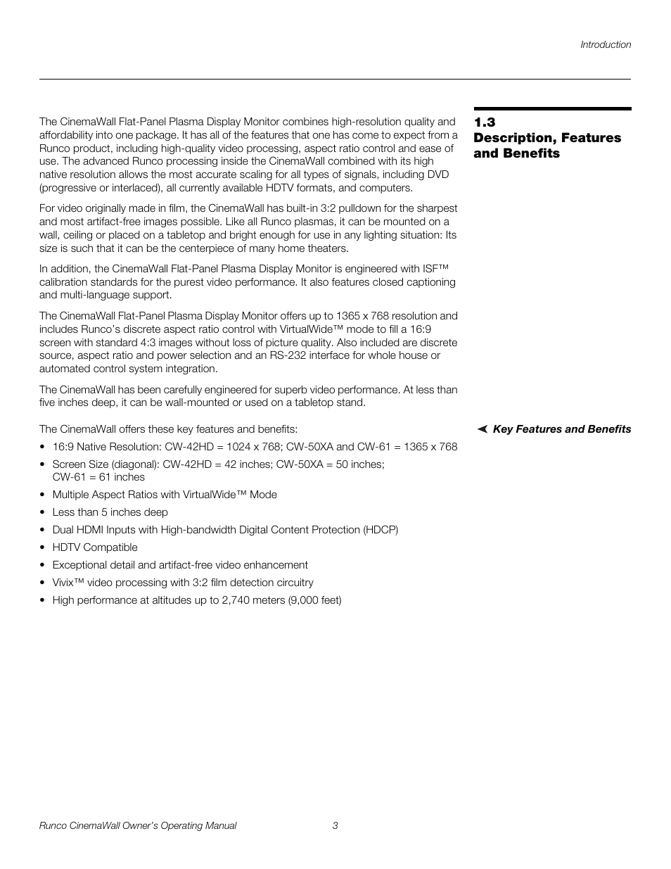 3 description, features and benefits, Key features and benefits, Description, features and benefits | Pre l iminar y | Runco CW-42HD User Manual | Page 13 / 66