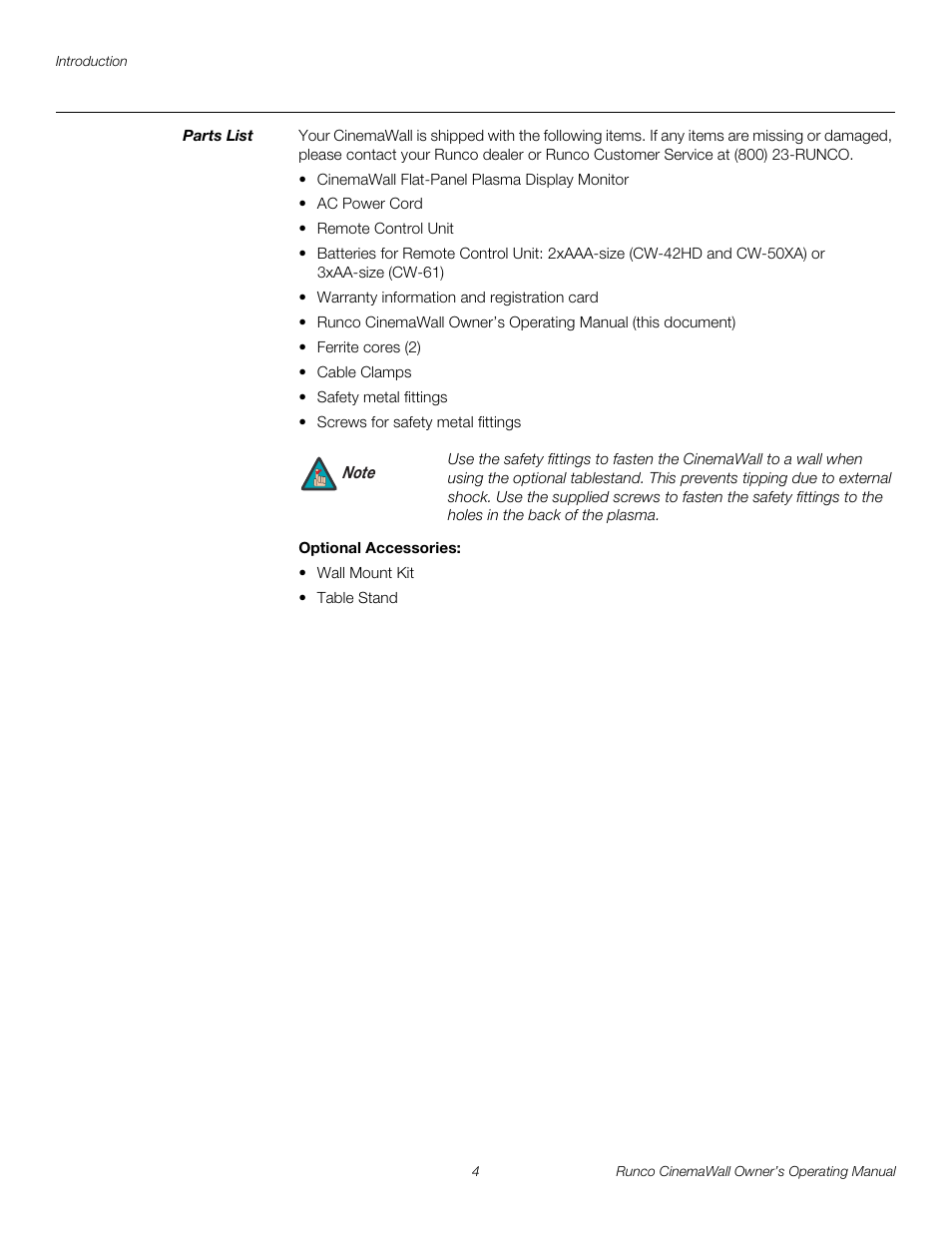 Parts list, Optional accessories, Pre l iminar y | Runco CW-42HD User Manual | Page 14 / 66