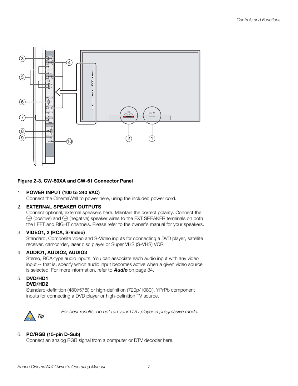Figure 2-3 . cw-50xa and cw-61 connector panel, 3. cw-50xa and cw-61 connector panel, Pre l iminar y | Runco CW-42HD User Manual | Page 17 / 66