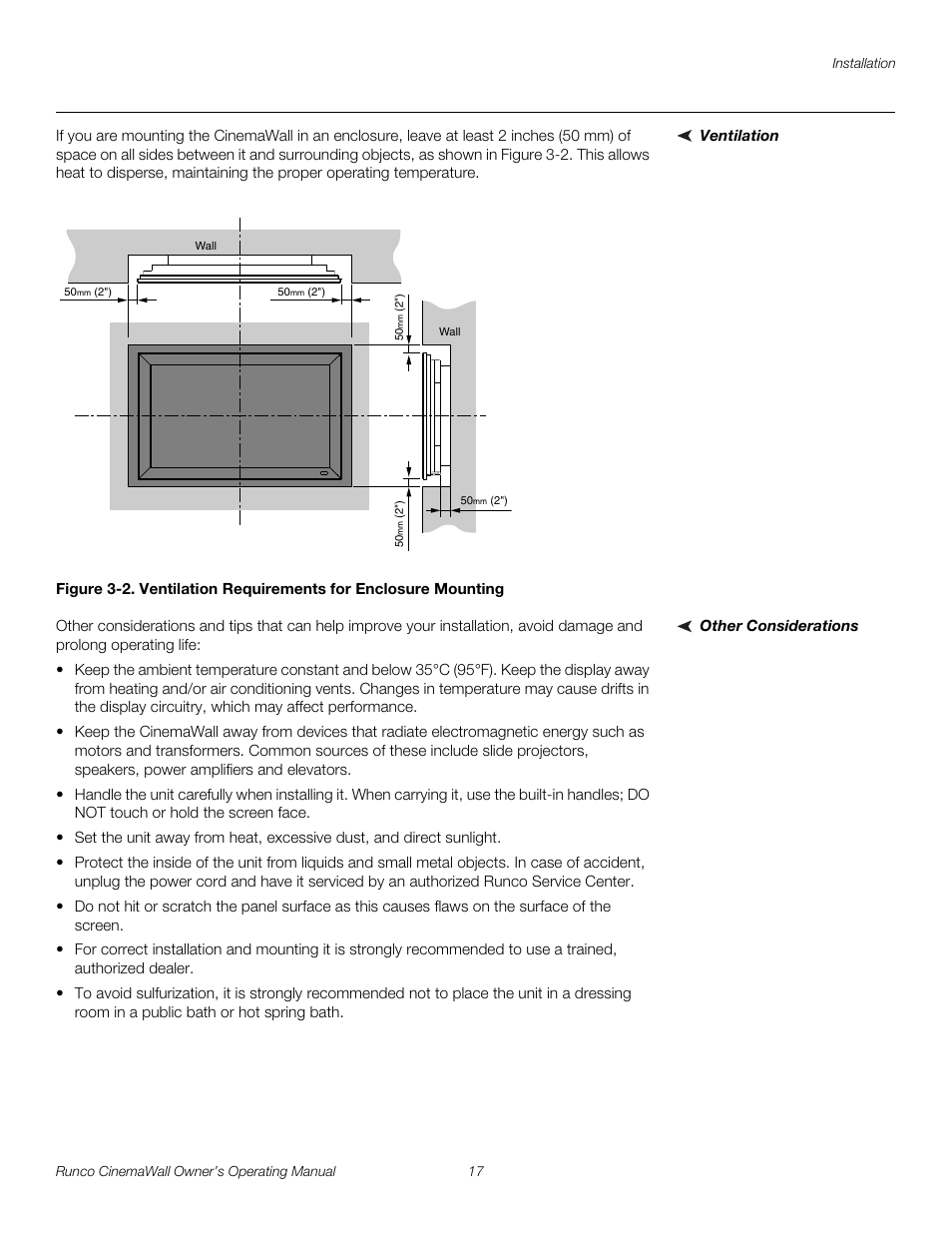 Ventilation, Other considerations, 2. ventilation requirements for enclosure mounting | Pre l iminar y | Runco CW-42HD User Manual | Page 27 / 66