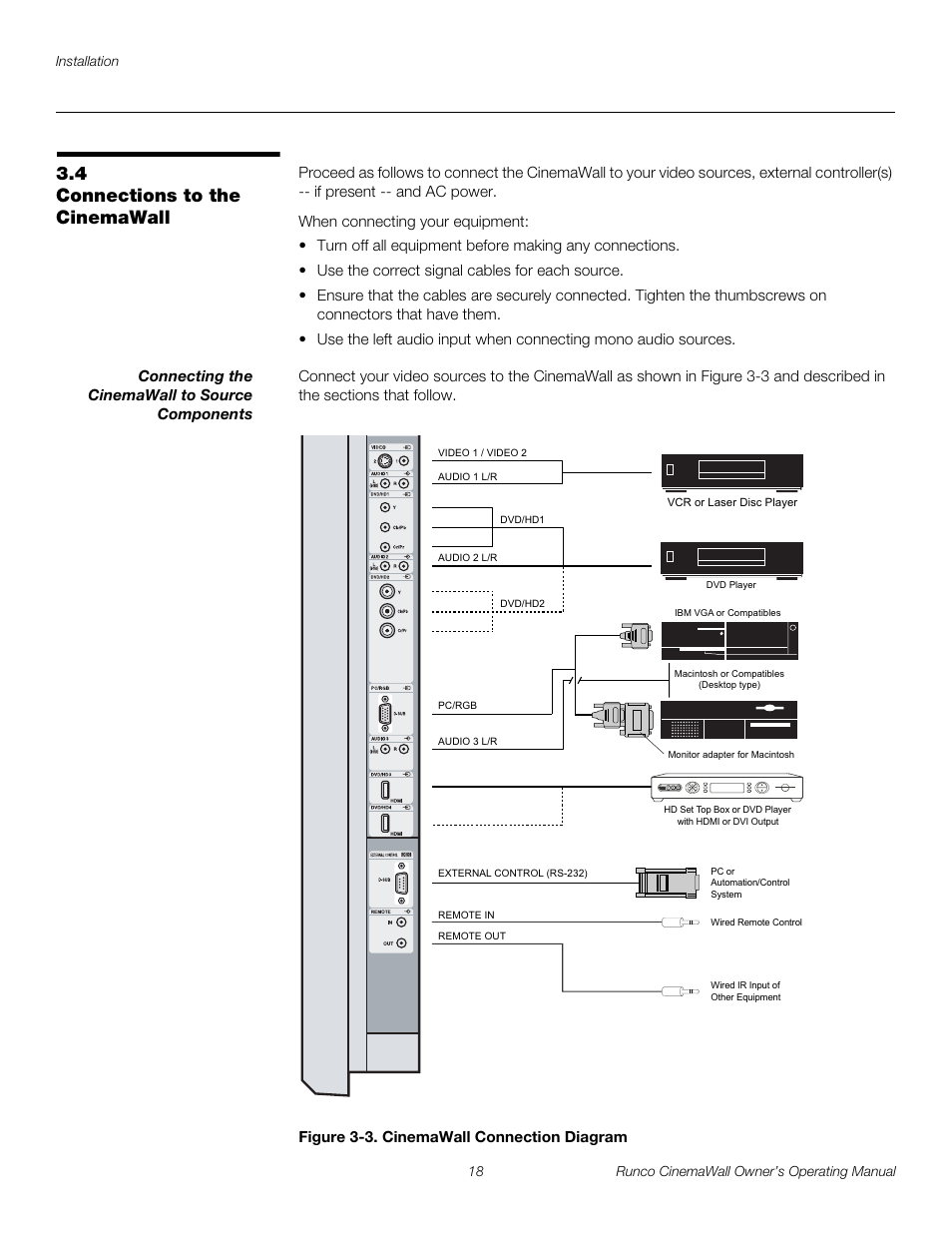 4 connections to the cinemawall, Connecting the cinemawall to source components, Figure 3-3 . cinemawall connection diagram | Connections to the cinemawall, 3. cinemawall connection diagram, Pre l iminar y | Runco CW-42HD User Manual | Page 28 / 66