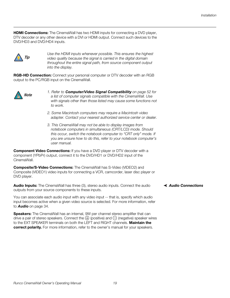 Hdmi connections, Rgb-hd connection, Component video connections | Composite/s-video connections, Audio connections, Audio inputs, Speakers, Pre l iminar y | Runco CW-42HD User Manual | Page 29 / 66