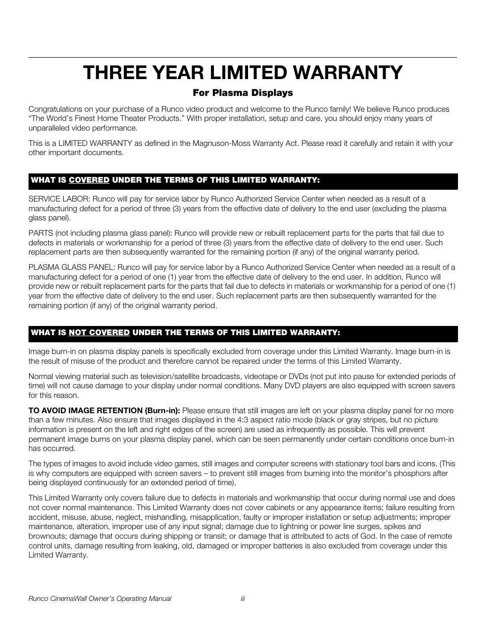 Three year limited warranty, Pre l iminar y | Runco CW-42HD User Manual | Page 3 / 66