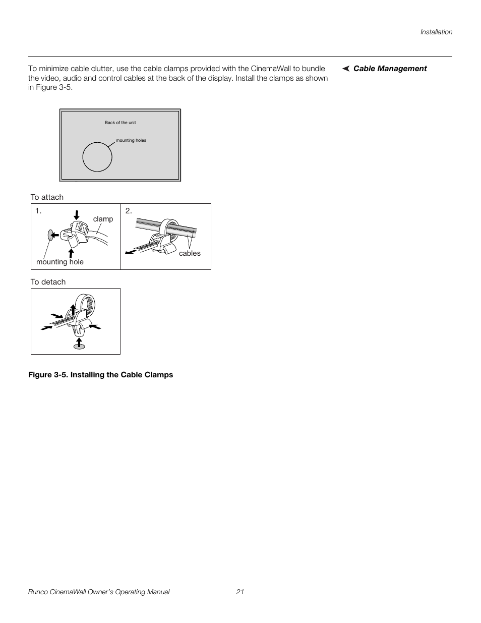 Cable management, Figure 3-5 . installing the cable clamps, 5. installing the cable clamps | Pre l iminar y | Runco CW-42HD User Manual | Page 31 / 66