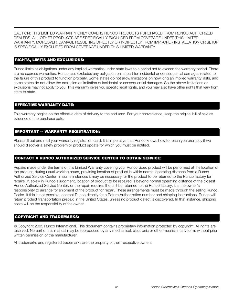 Pre l iminar y | Runco CW-42HD User Manual | Page 4 / 66