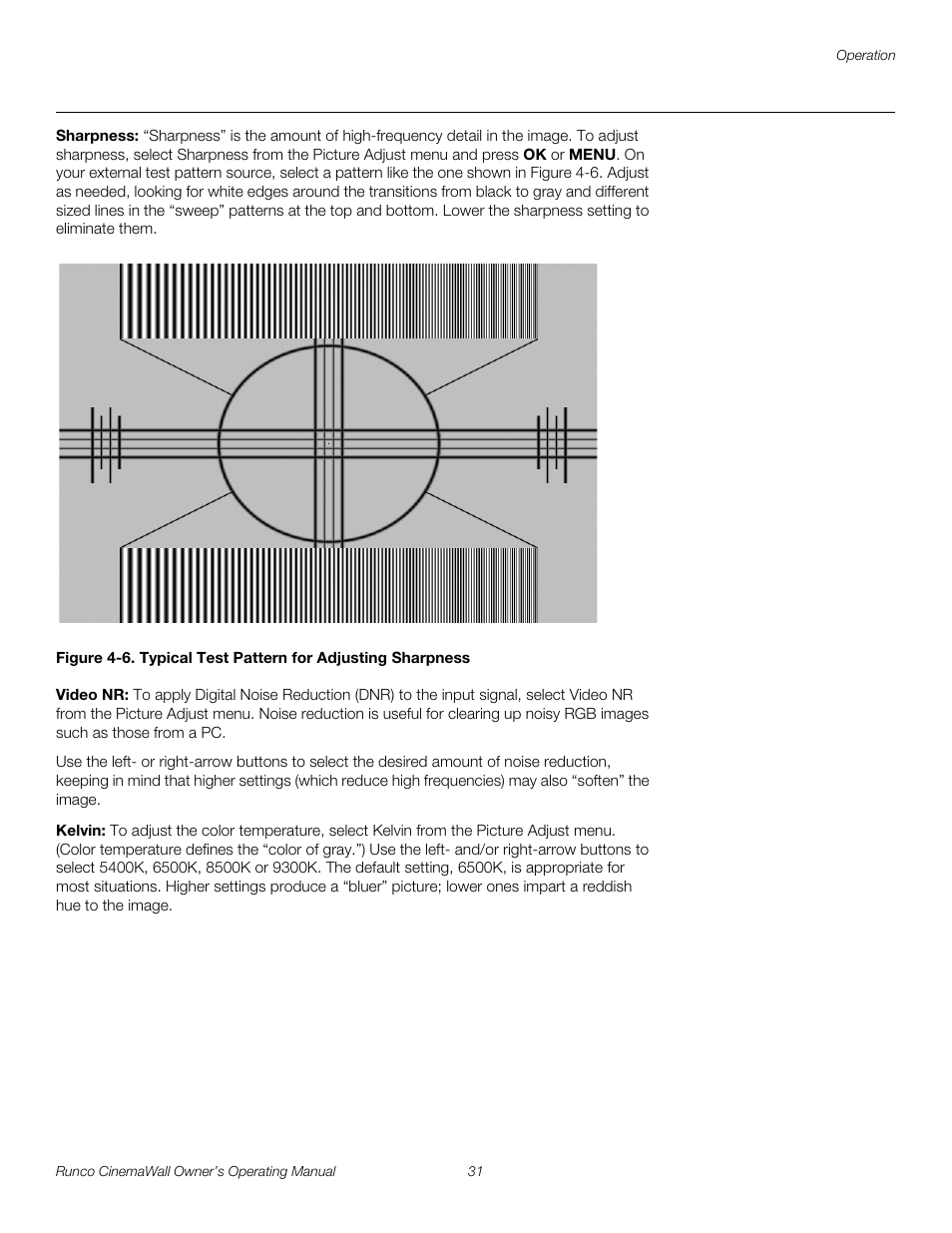 Sharpness, Video nr, Kelvin | 6. typical test pattern for adjusting sharpness, Pre l iminar y | Runco CW-42HD User Manual | Page 41 / 66