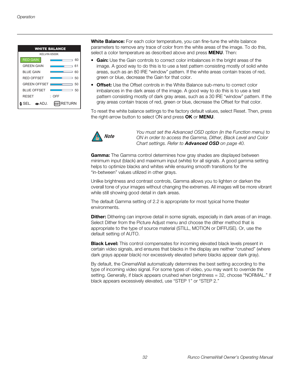 White balance, Gamma, Dither | Black level, Pre l iminar y | Runco CW-42HD User Manual | Page 42 / 66
