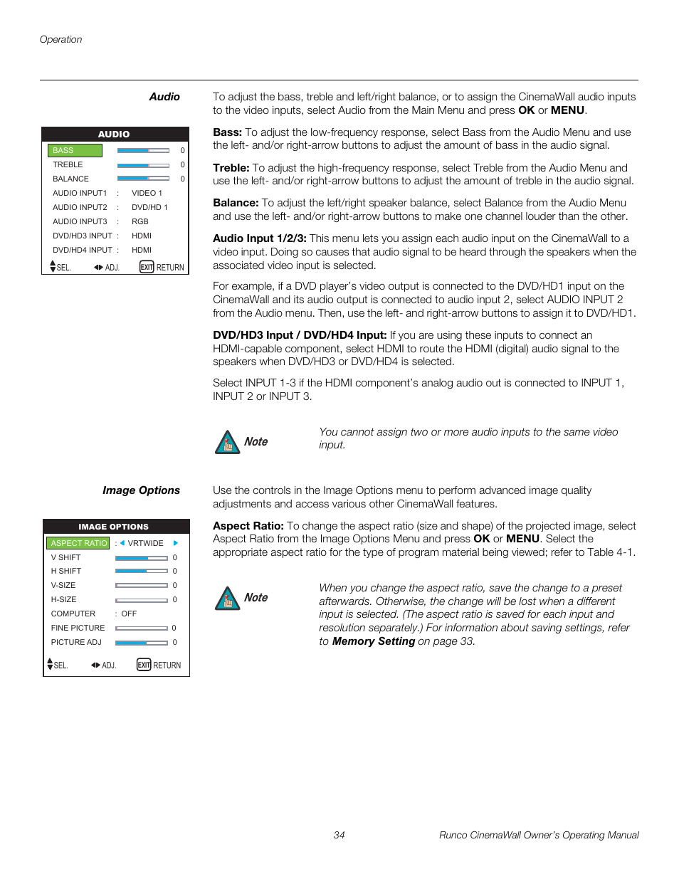 Audio, Bass, Treble | Balance, Audio input 1/2/3, Dvd/hd3 input / dvd/hd4 input, Image options, Aspect ratio, Pre l iminar y | Runco CW-42HD User Manual | Page 44 / 66