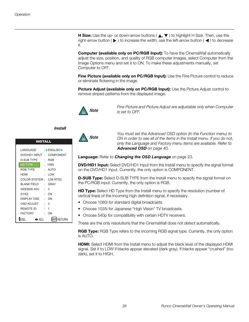 H size, Computer (available only on pc/rgb input), Fine picture (available only on pc/rgb input) | Picture adjust (available only on pc/rgb input), Install, Language, Dvd/hd1 input, D-sub type, Hd type, Rgb type | Runco CW-42HD User Manual | Page 46 / 66