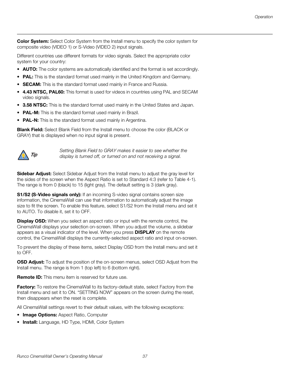 Color system, Blank field, Sidebar adjust | S1/s2 (s-video signals only), Display osd, Osd adjust, Remote id, Factory, Pre l iminar y | Runco CW-42HD User Manual | Page 47 / 66