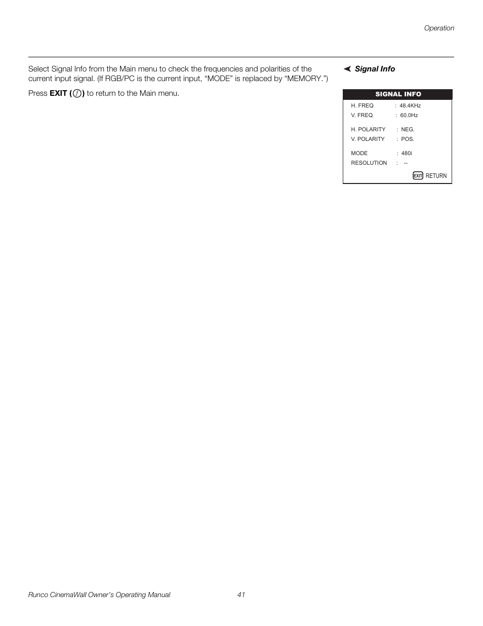 Signal info, Pre l iminar y | Runco CW-42HD User Manual | Page 51 / 66