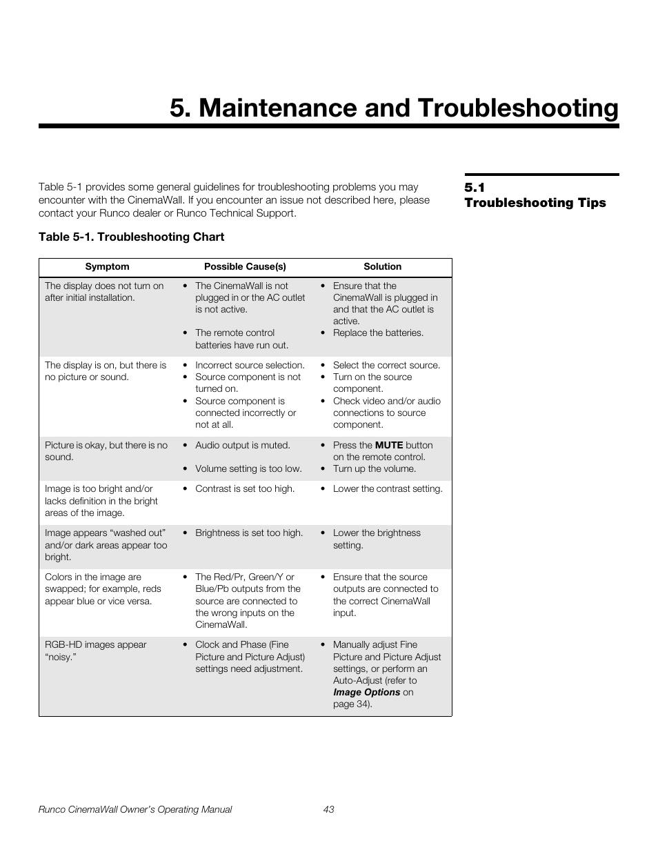 Maintenance and troubleshooting, 1 troubleshooting tips, Table 5-1 . troubleshooting chart | Troubleshooting tips, Pre l iminar y | Runco CW-42HD User Manual | Page 53 / 66