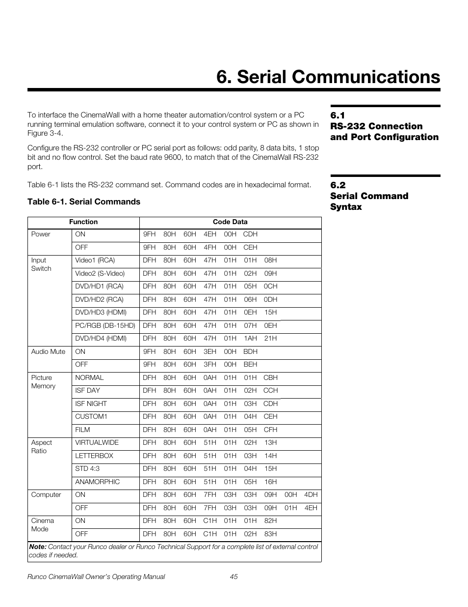 Serial communications, 1 rs-232 connection and port configuration, 2 serial command syntax | Table 6-1 . serial commands, Rs-232 connection and port configuration, Serial command syntax, Serial communications on, Pre l iminar y | Runco CW-42HD User Manual | Page 55 / 66