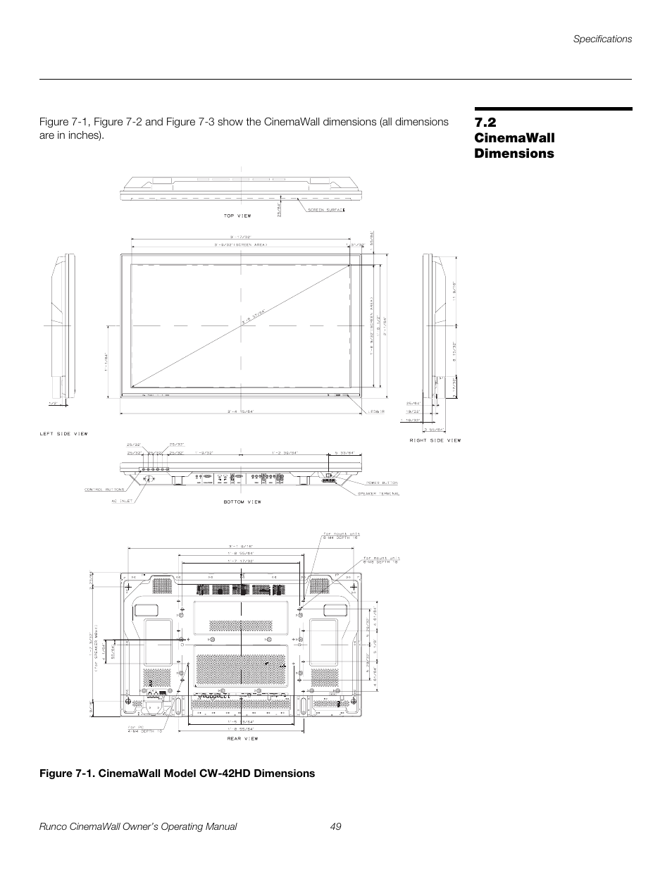 2 cinemawall dimensions, Figure 7-1 . cinemawall model cw-42hd dimensions, Cinemawall dimensions | 1. cinemawall model cw-42hd dimensions, E figure 7-1, Pre l iminar y | Runco CW-42HD User Manual | Page 59 / 66
