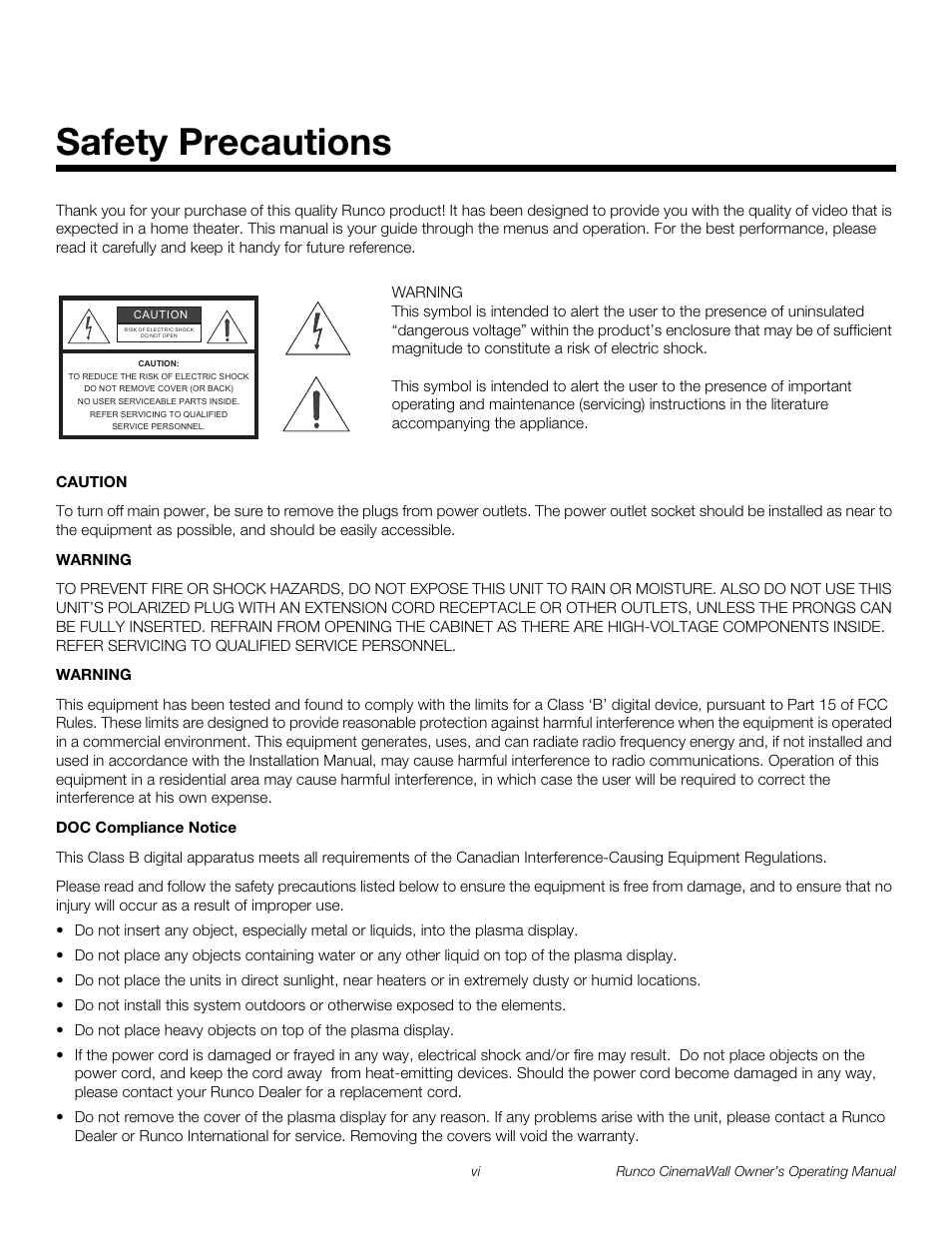 Safety precautions, Pre l iminar y | Runco CW-42HD User Manual | Page 6 / 66