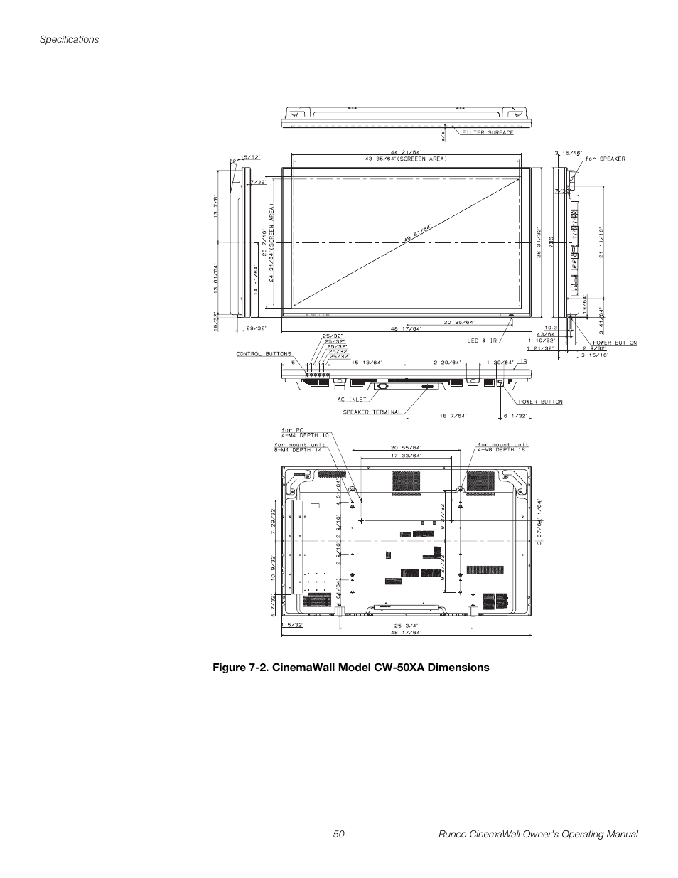 Figure 7-2 . cinemawall model cw-50xa dimensions, 2. cinemawall model cw-50xa dimensions, See figure 7-2 | Figure 7-2, Pre l iminar y | Runco CW-42HD User Manual | Page 60 / 66