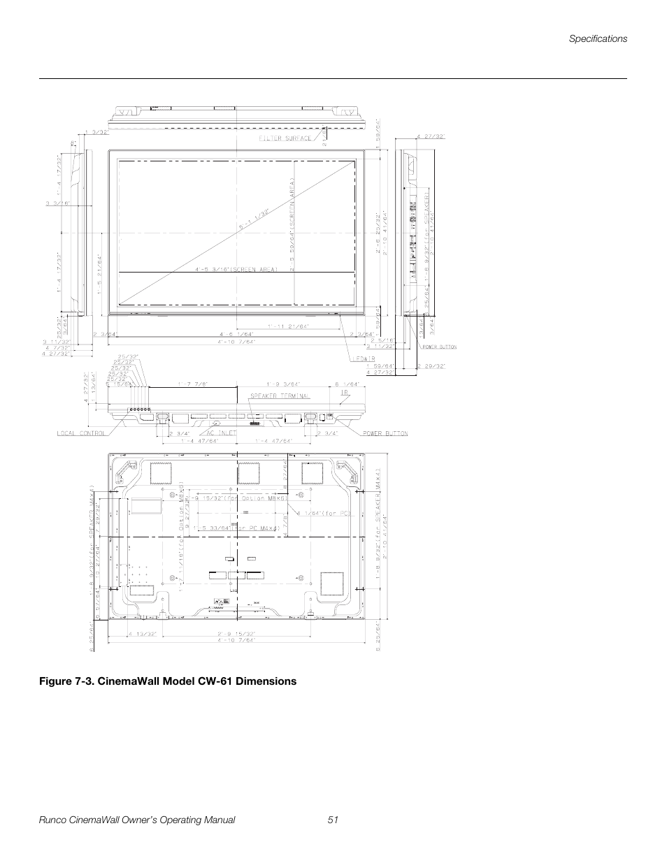 Figure 7-3 . cinemawall model cw-61 dimensions, 3. cinemawall model cw-61 dimensions, E figure 7-3 | D figure 7-3 sh, Pre l iminar y | Runco CW-42HD User Manual | Page 61 / 66