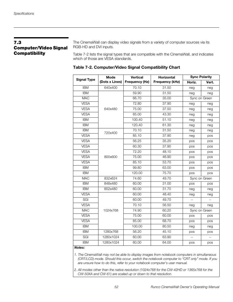 3 computer/video signal compatibility, Computer/video signal compatibility, Pre l iminar y | Runco CW-42HD User Manual | Page 62 / 66
