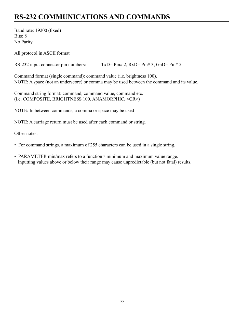 Rs-232 communications and commands | Runco pmn User Manual | Page 23 / 31