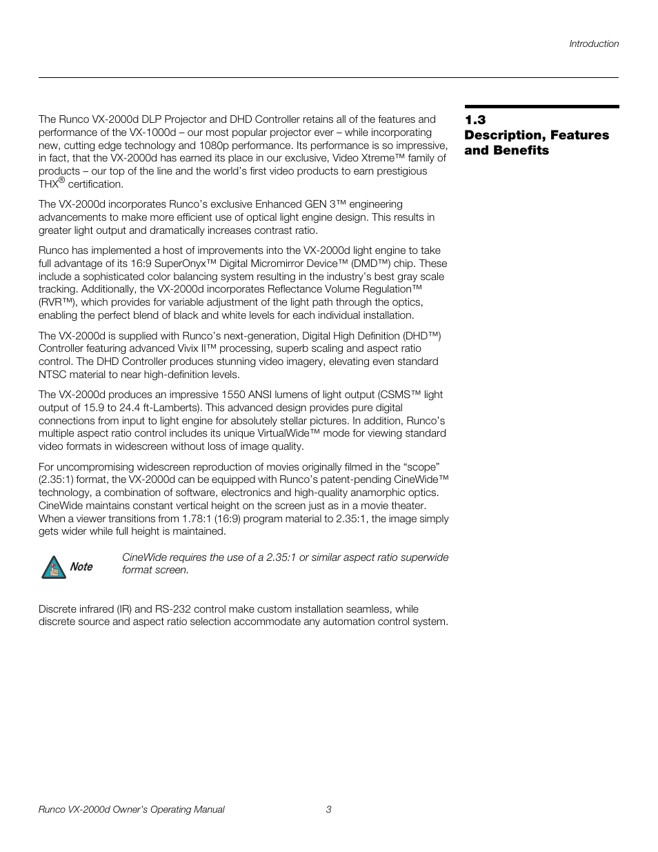 3 description, features and benefits, Description, features and benefits, Pre l iminar y | Runco DIGITAL LIGHT PROCESSING VX-2000D User Manual | Page 15 / 90