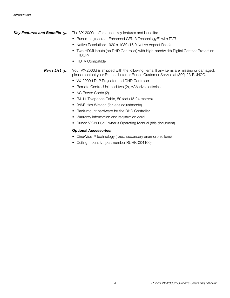 Key features and benefits, Parts list, Optional accessories | Pre l iminar y | Runco DIGITAL LIGHT PROCESSING VX-2000D User Manual | Page 16 / 90
