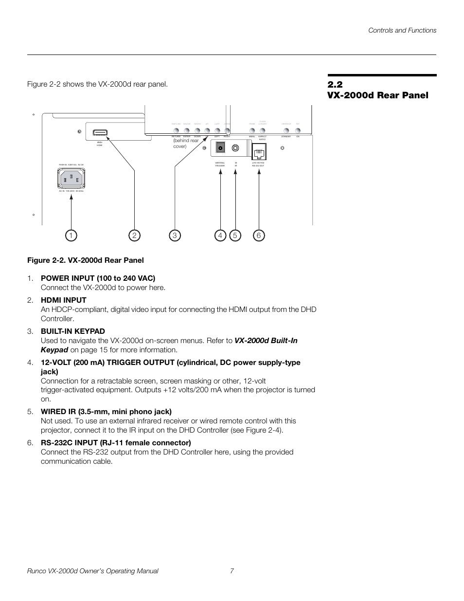 2 vx-2000d rear panel, Figure 2-2 . vx-2000d rear panel, Iminar | Vx-2000d rear panel, 2. vx-2000d rear panel, Pre l iminar y | Runco DIGITAL LIGHT PROCESSING VX-2000D User Manual | Page 19 / 90