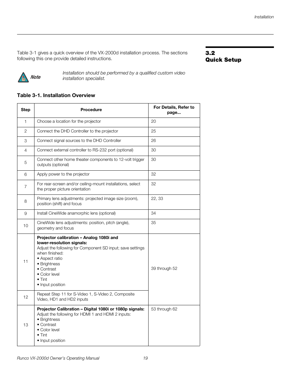 2 quick setup, Table 3-1 . installation overview, Quick setup | Pre l iminar y | Runco DIGITAL LIGHT PROCESSING VX-2000D User Manual | Page 31 / 90