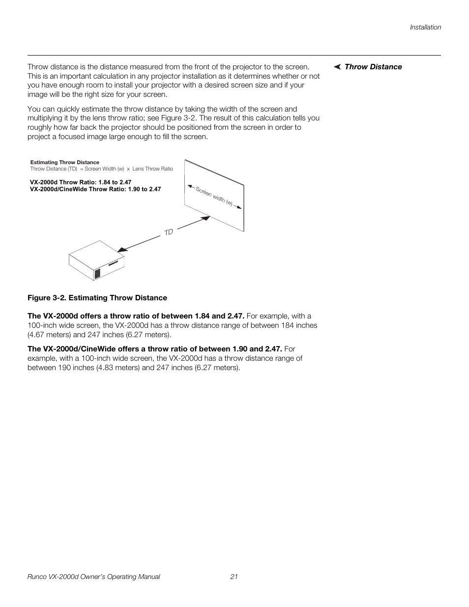 Throw distance, Figure 3-2 . estimating throw distance, 2. estimating throw distance | Pre l iminar y | Runco DIGITAL LIGHT PROCESSING VX-2000D User Manual | Page 33 / 90