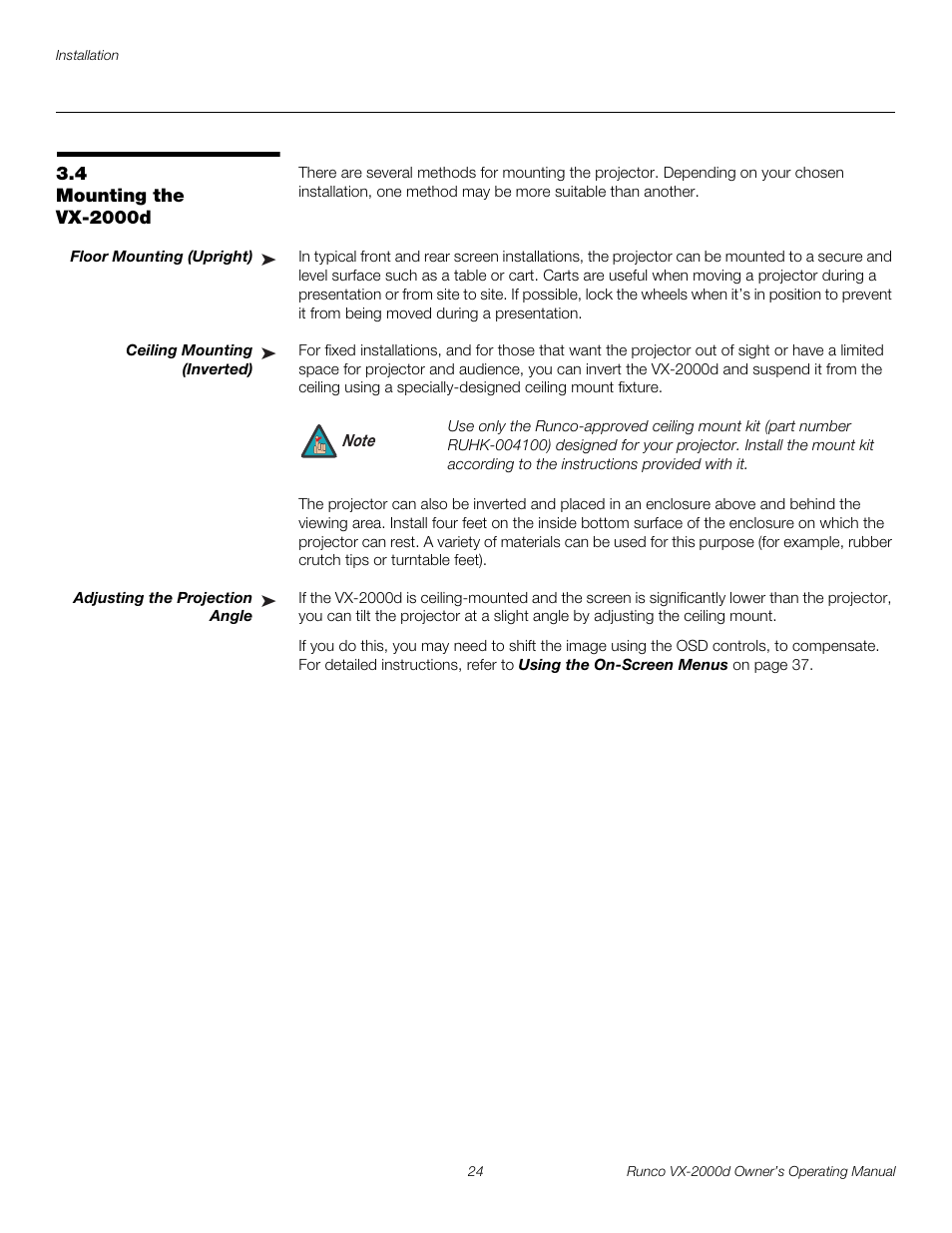 4 mounting the vx-2000d, Floor mounting (upright), Ceiling mounting (inverted) | Adjusting the projection angle, Mounting the vx-2000d, Pre l iminar y | Runco DIGITAL LIGHT PROCESSING VX-2000D User Manual | Page 36 / 90