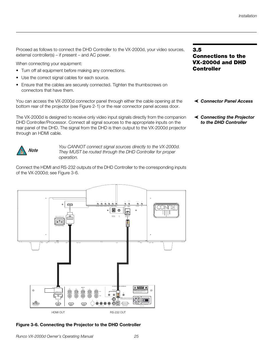 5 connections to the vx-2000d and dhd controller, Connector panel access, Connecting the projector to the dhd controller | Connections to the vx-2000d and dhd controller, 6. connecting the projector to the dhd controller, Pre l iminar y | Runco DIGITAL LIGHT PROCESSING VX-2000D User Manual | Page 37 / 90