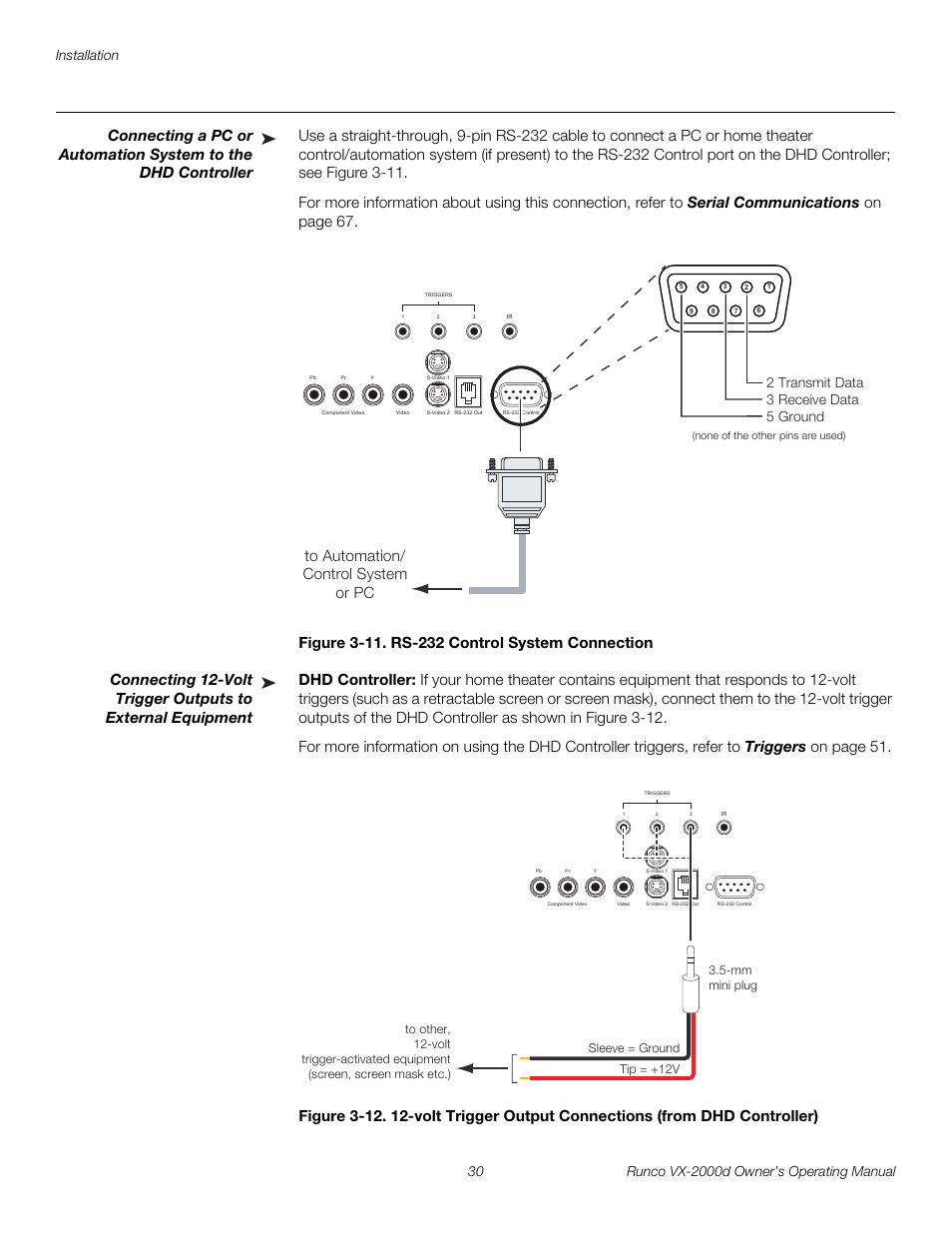 Figure 3-11 . rs-232 control system connection, Dhd controller, 11. rs-232 control system connection | Pre l iminar y | Runco DIGITAL LIGHT PROCESSING VX-2000D User Manual | Page 42 / 90