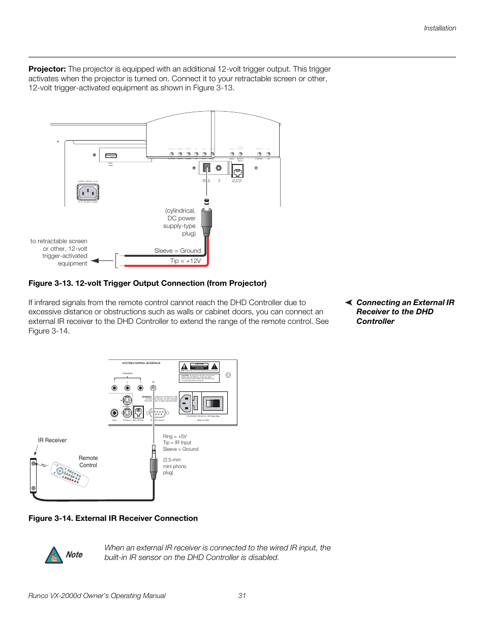 Projector, Figure 3-14 . external ir receiver connection, 14. external ir receiver connection | Pre l iminar y | Runco DIGITAL LIGHT PROCESSING VX-2000D User Manual | Page 43 / 90