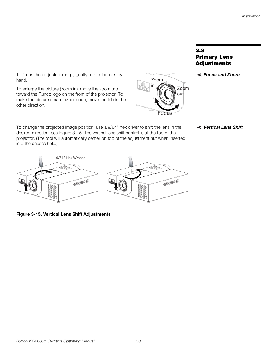 8 primary lens adjustments, Focus and zoom, Vertical lens shift | Figure 3-15 . vertical lens shift adjustments, Primary lens adjustments, 15. vertical lens shift adjustments, Pre l iminar y | Runco DIGITAL LIGHT PROCESSING VX-2000D User Manual | Page 45 / 90