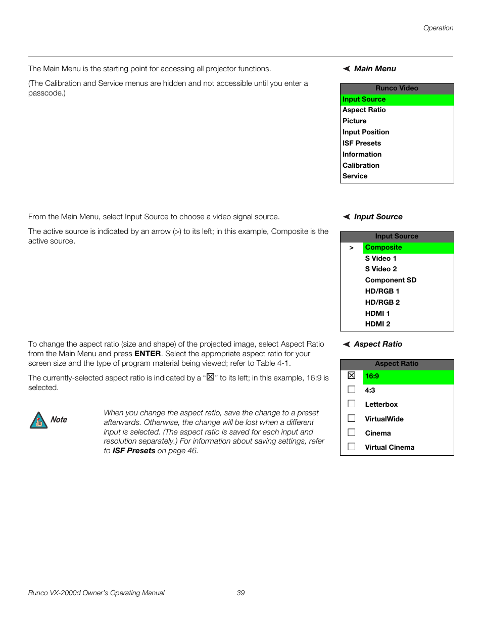 Main menu, Input source, Aspect ratio | Pre l iminar y | Runco DIGITAL LIGHT PROCESSING VX-2000D User Manual | Page 51 / 90