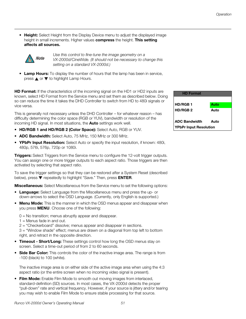 Hd format, Triggers, Miscellaneous | Pre l iminar y | Runco DIGITAL LIGHT PROCESSING VX-2000D User Manual | Page 63 / 90